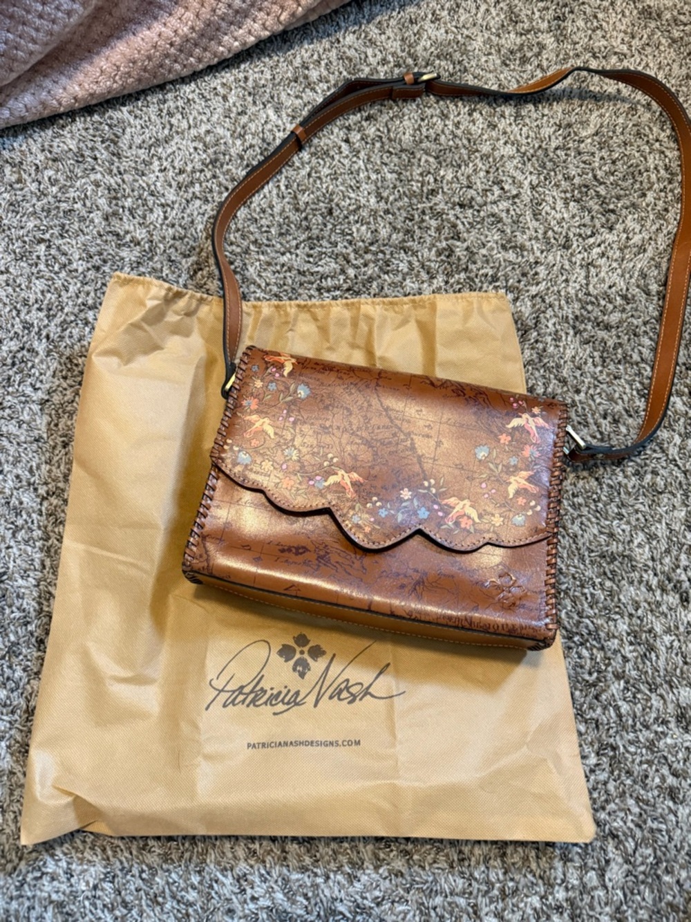 Patricia Nash Brown Leather Crossbody Bag with Scallop Flap